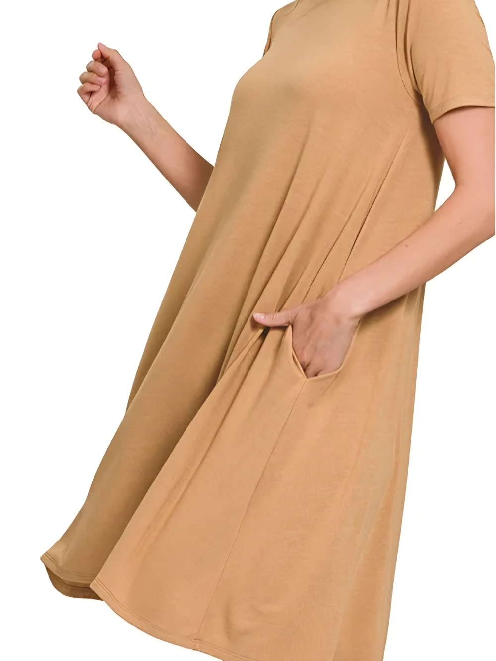 Zenana Camel Short Sleeve Swing Dress with Pockets